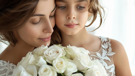 Close up portrait of mother and daughter with bouquet of white roses. Generative Ai.の素材