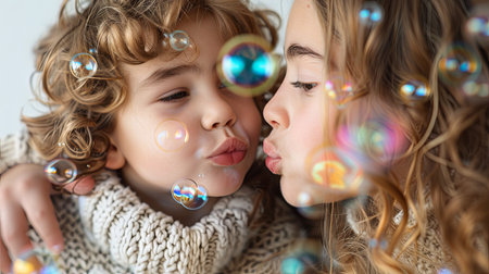Cute little boy and girl blowing soap bubbles together, closeup. Generative Ai.の素材