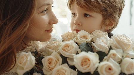 Cute little boy and his mother are holding a bouquet of flowers. Generative Ai.の素材