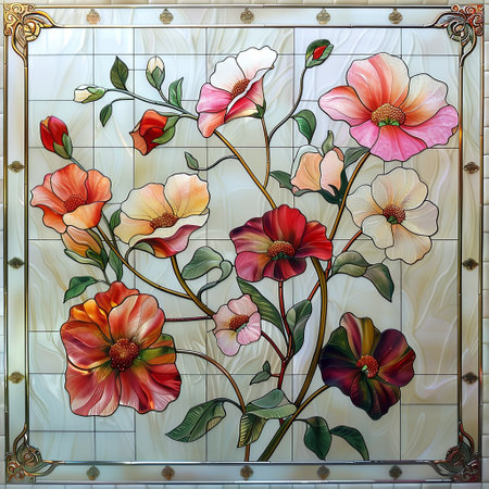 Illustration of a stained glass window with colorful flowers on a marble background. Generative Ai.の素材
