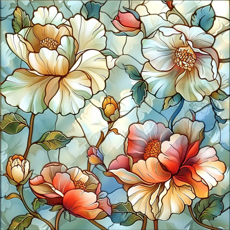 Illustration in stained glass style with flowers of roses on a blue background. Generative Ai.の素材