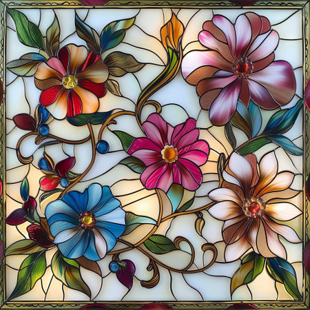 Illustration in stained glass style with abstract flowers and leaves, square image. Generative Ai.の素材