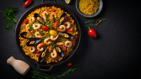 Seafood paella with shrimps, mussels, prawns and squid in a pan on a black backgroundの素材