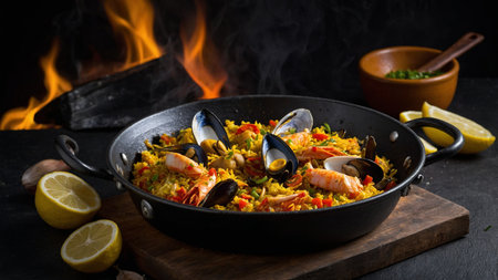 Seafood paella in a frying pan on a black backgroundの素材