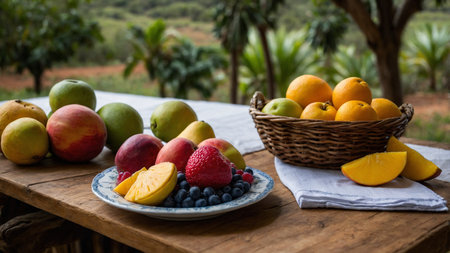 Fresh fruits in a basket on a wooden table in the garden.の素材