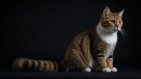 Tricolor cat sitting on a black background. Studio shot.の素材