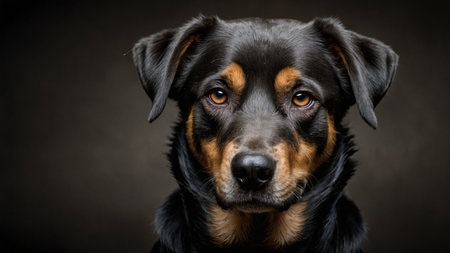 Studio portrait of a mixed breed dog on a black background. Close-up.の素材