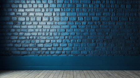 blue brick wall and wooden floor background. 3d render illustration.の素材