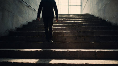 Silhouette of a man walking up the stairs in a buildingの素材