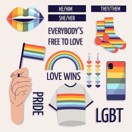 Set of elements of Pride.Holding a flag, a T-shirt, lips, a case, socks, rainbow-colored earrings. The concept of LGBTQ. Support for homosexuals. Equality and protection of love.のイラスト素材