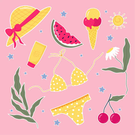 Summer set of stickers : watermelon, hat, swimsuit, cherry, sunscreen, chamomile, palm branch, sun and sweet ice cream. Bright summer set.のイラスト素材