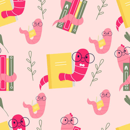 Bookworm.Hand-drawn educational seamless pattern bookworm and books.Drink coffee and read books . cartoon styleのイラスト素材