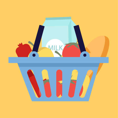 Basket with food. Online purchase of food products on the Internet. Local market and grocery store. Online grocery shopping. food delivery services. Fashionable hand-drawn vector banner design.のイラスト素材