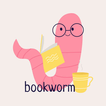 Bookworm Read more books. A set of different bookworms in glasses and books. Hand-drawn educational vector illustrations. cartoon styleのイラスト素材