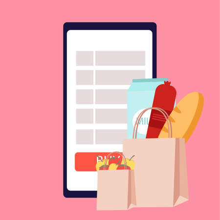 The concept of online shopping.Phone with an online store. Bags of food. Local market and grocery...