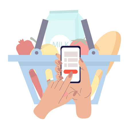 The concept of online shopping. E-shops and delivery a set of illustrations with hands holding the phone. Selection, payment and delivery in the online store.Trendy hand-drawn vector design.のイラスト素材