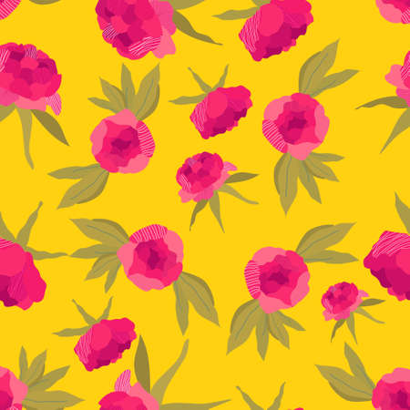 Trendy pink peonies are a seamless floral pattern. Mustard-yellow background. Hand-drawn modern illustration of large flowers with white leaves on solid color. Fabric, web, app, stationery.のイラスト素材