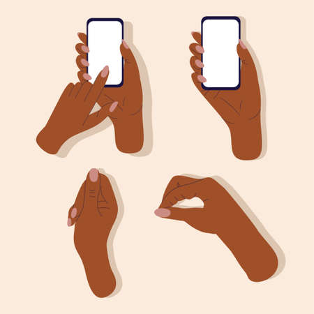 Color hands holding smartphones are insulated with vector illustrations of the set. Modern technologies of infographic design. mobile phoneのイラスト素材