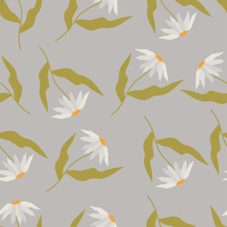 Trendy seamless floral pattern with daisies. A hand-drawn modern illustration of large flowers with white leaves on a solid color. Fabric, web, app, stationery.のイラスト素材