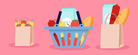 Basket and paper bags with food. Online purchase of food on the Internet. Local market and grocery store. Buy products online. food delivery services. Fashionable hand-drawn vector banner design.のイラスト素材