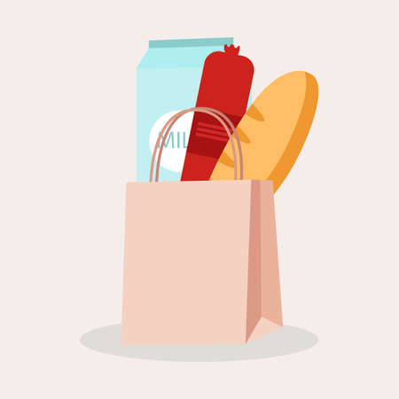A paper bag of food. Online purchase of food on the Internet. Local market and grocery store. Shopping for groceries online. food delivery services. Fashionable hand-drawn vector banner design.のイラスト素材