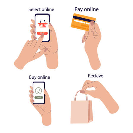 The concept of online shopping. E-shops and delivery a set of illustrations with hands holding the phone. Selection, payment and delivery in the online store.Trendy hand-drawn vector design.のイラスト素材