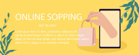 The hand holds the package and exits the phone. online shopping banner. local market and shop. Buying food online. Trendy hand drawn vector banner design.のイラスト素材