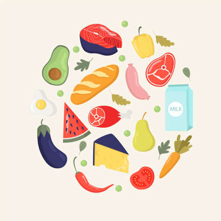 Big set of products.The concept of a flat vector illustration of healthy food safety for a banner, website, landing page template, advertisement and leafletのイラスト素材
