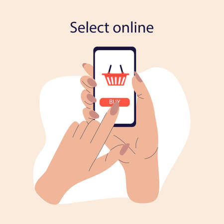 Online shopping concept. Online shopping and delivery illustration with a hand holding a phone. Online selection in the online store. Trendy hand drawn vector design.のイラスト素材