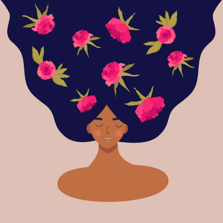 mental health concept. Afro girl smiling with peonies in her hair. Positive thinking is a way of thinking. Peonies as a symbol of positive thoughts .Flat vector illustration.のイラスト素材