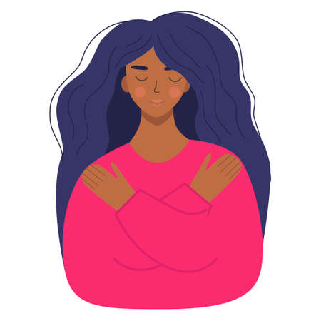 The concept of mental health. A young woman smiles and hugs herself, symbolizing concern for mental health. flat vector illustrationのイラスト素材