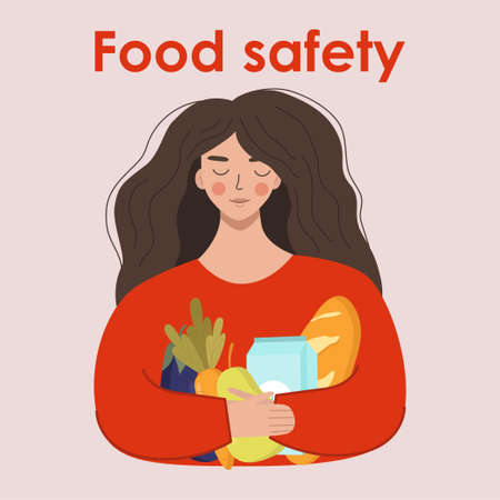 A girl holds groceries. The concept of a flat vector illustration of the safety of healthy eating for a banner, website, landing page template, advertising and flyerのイラスト素材