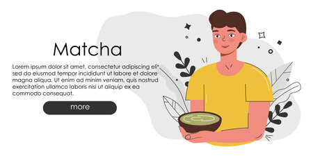 Adorable website page with Matcha. Hand draw green drink website idea. Japanese tea culture. Matcha latte is a healthy drink.Coffee shop main page in greenish colors. Matcha powder drawing for your weのイラスト素材