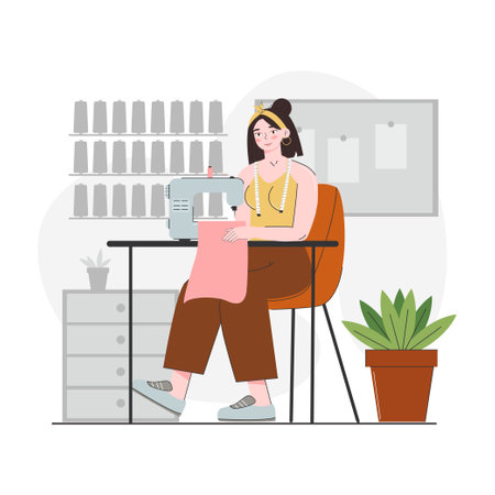 Young woman working on sewing machine. Workplace of seamstress. Fashion designer, dressmaker. Needlework, hobbies, home leisure. Vector illustration isolated on a white backgroundのイラスト素材