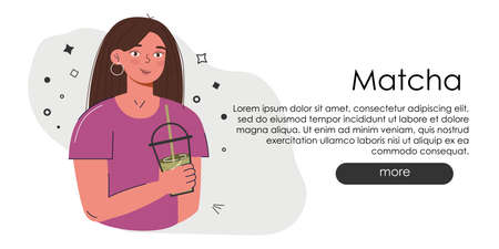 Adorable website page with Matcha. Hand draw green drink website idea. Japanese tea culture. Matcha latte is a healthy drink.Coffee shop main page in greenish colors.のイラスト素材