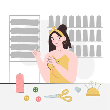 A young woman threads a needle. A seamstress's workplace. Fashion designer, dressmaker. Needlework, hobbies, home leisure. Vector illustration isolated on a white backgroundのイラスト素材