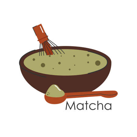 Matcha green tea. Japanese tea culture. Matcha latte is a healthy drink.Logo for matcha tea. Hand-drawn vector color fashion illustration.のイラスト素材