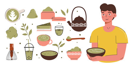 Matcha green tea is served and drunk by a young man. Japanese tea culture. Matcha latte is a healthy drink. Big set of various matcha tea products. Hand-drawn vector color fashion illustration.のイラスト素材