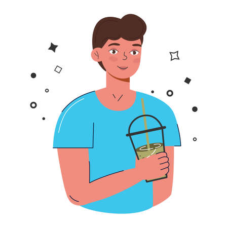 Matcha green tea is served and drunk by a young man. Japanese tea culture. Matcha latte is a healthy drink. Big set of various matcha tea products. Hand-drawn vector color fashion illustration.のイラスト素材