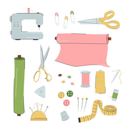 Set of sewing tools. Needlework, handicrafts, hobbies. Fashion designer, dressmaker. Vector illustration on a white backgroundのイラスト素材