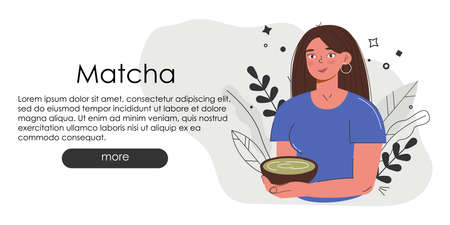 Adorable website page with Matcha. Hand draw green drink website idea. Japanese tea culture. Matcha latte is a healthy drink.Coffee shop main page in greenish colors.のイラスト素材