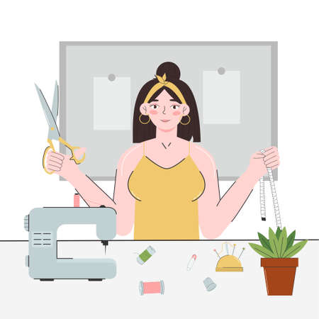 A young woman holds a pair of tailor scissors and a centimeter. A seamstress's workplace. Fashion designer, dressmaker. Needlework, hobbies, home leisure. Vector illustration isolated on a white backgroundのイラスト素材