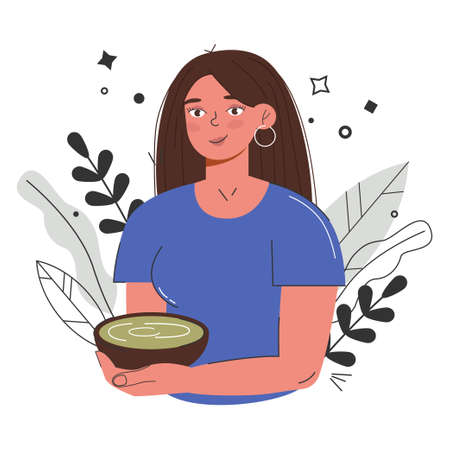 Green matcha tea serve and drink by a young woman. k. Herbal organic food. Japanese tea culture. Asian culture. Matcha latte healthy drinのイラスト素材