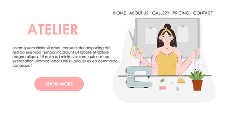 Young seamstress woman Patterns and threads. Fashion designer, dressmaker, seamstress, sewing workshop or courses, tailoring concept. Vector illustration for banner, advertising, website.のイラスト素材