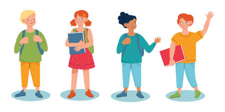 Children back to school, set of cute characters. Vector illustration in flat styleのイラスト素材