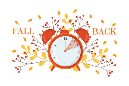 Daylight saving time concept.Alarm clock on the autumn leaves background. The reminder text - set clock back one hour. vector illustrationのイラスト素材