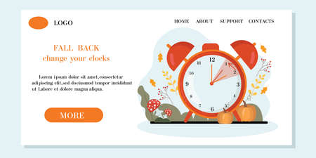 Daylight saving time concept web banner.Alarm clock on the autumn leaves and pumpkins background. The reminder text - set clock back one hour. vector illustrationのイラスト素材