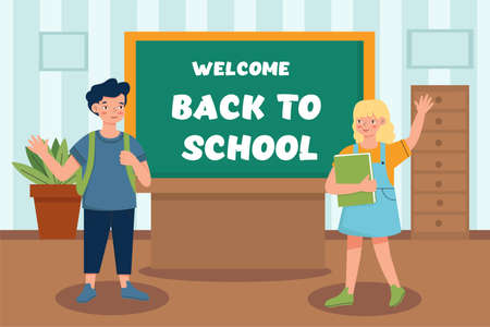 Happy kids in the classroom with the board, back to the school concept, cute characters. Vector illustration in a flat style in the theme of the school.のイラスト素材