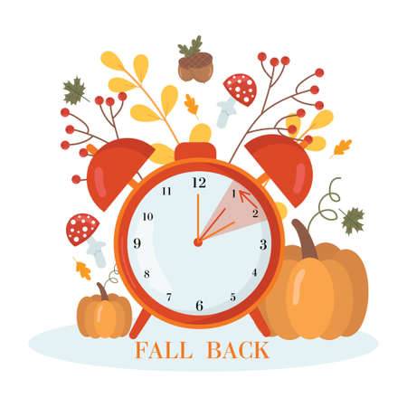 Daylight saving time concept.Alarm clock on the autumn leaves and pumpkins background. The reminder text - set clock back one hour. vector illustrationのイラスト素材