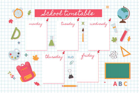 Back to school schedule template vector. Various school supplies line, globe, pencil, paperclip, backpack. Bright background for the school schedule.のイラスト素材